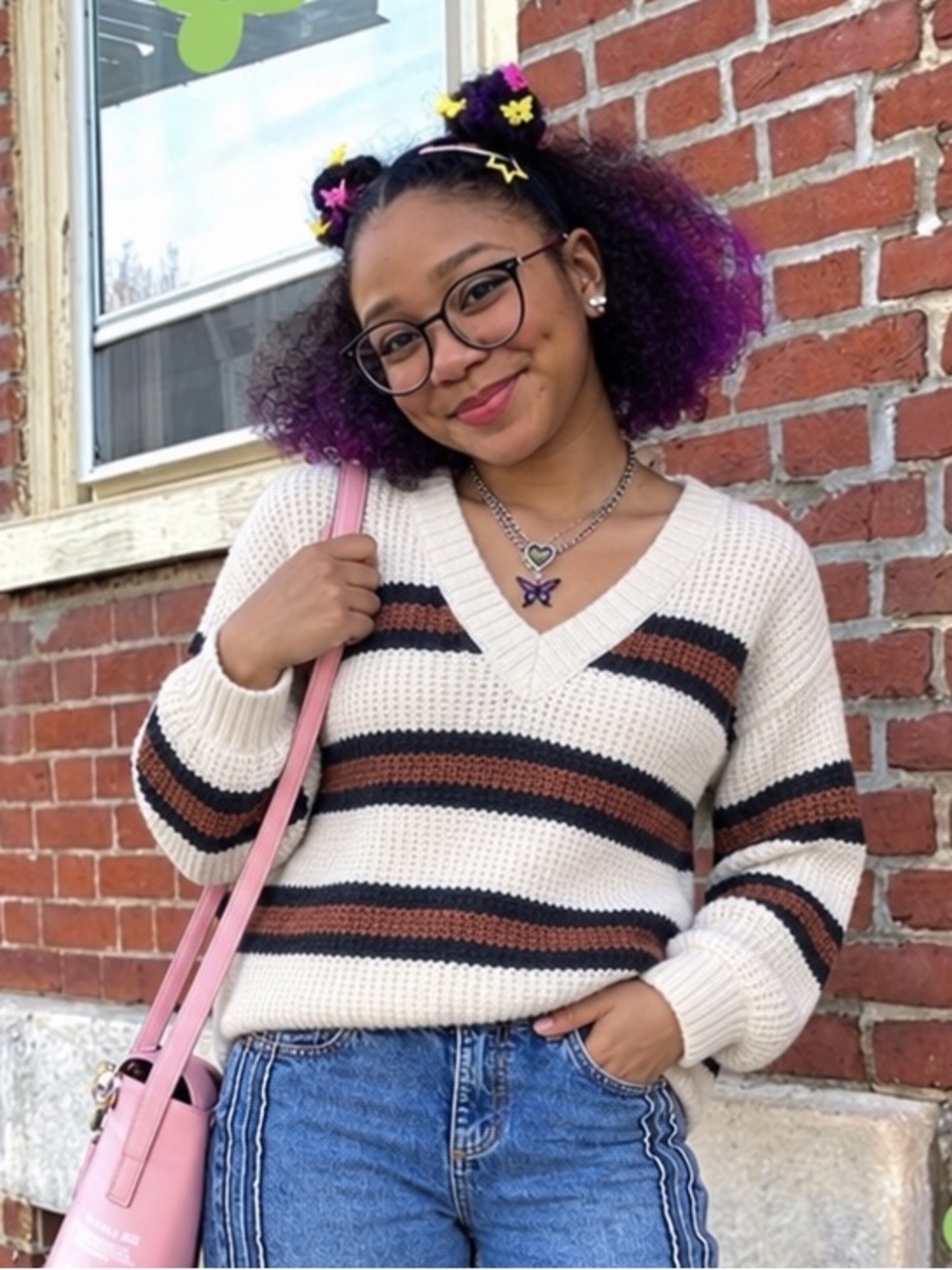 Striped V-Neck Knit Sweater in Cream & Brown